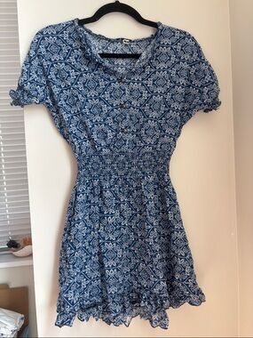 Blue Printed Short Sleeve Smocked-Waist Dress